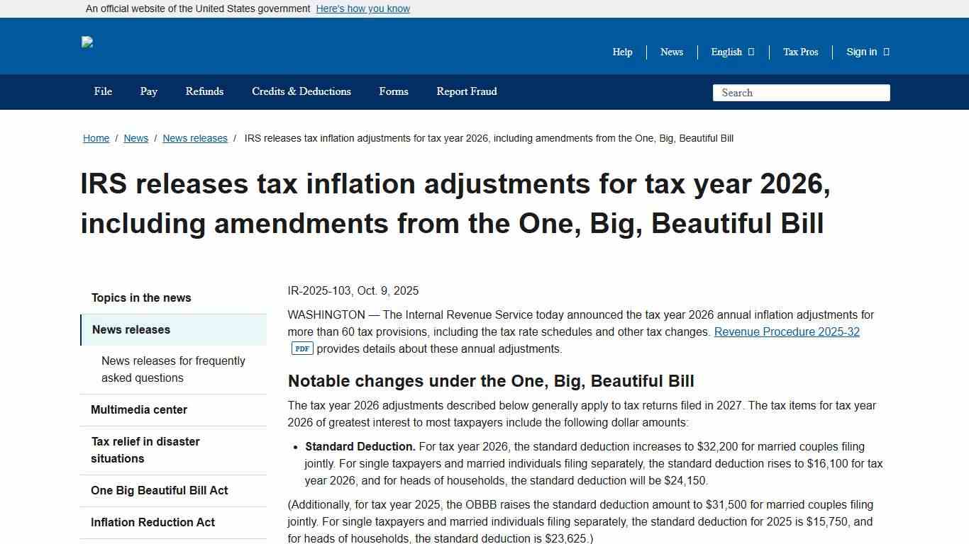 IRS releases tax inflation adjustments for tax year 2026, including amendments from the One, Big, Beautiful Bill Internal Revenue Service